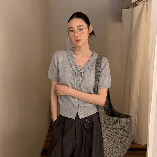 HYMOXI韩版花边V领短袖针织衫