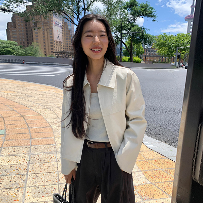 HYMOXI韩版休闲翻领皮夹克外套