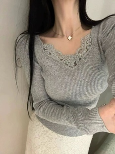 十三行2025冬装新款蕾丝拼接V领长袖针织衫女修身设计感打底毛衣