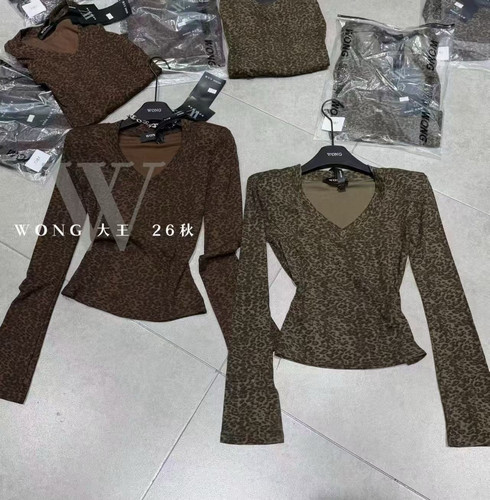十三行2026早秋新款设计感洋气V领豹纹印花假两件套长袖T恤女