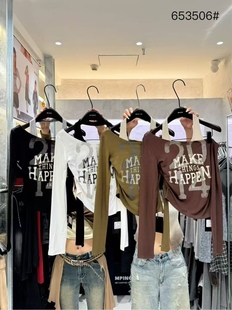 T恤上衣女 十三行2025秋季 新款 假两件挂脖辣妹美式 露肩长袖