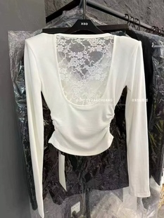 十三行2026春季新款纯欲风性感蕾丝拼接长袖T恤女打底衫上衣女