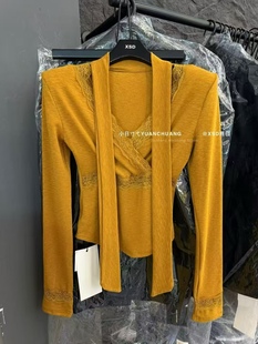 显瘦打底衫 V领蕾丝拼接带飘带时尚 上衣女 韩版 2025秋冬磨毛绒新款