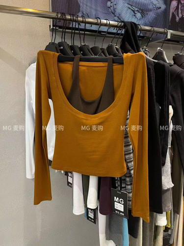 美式复古u领领撞色叠穿长袖t恤女2026秋季辣妹内搭挂脖背心两件套