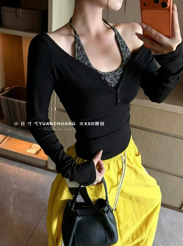 十三行2026新款辣妹豹纹假两件挂脖长袖T恤女修身显瘦内搭打底衫
