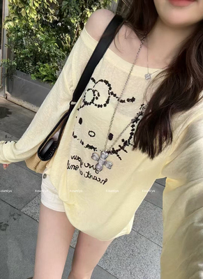 十三行2025新款韩版小众设计感卡通印花宽松斜肩防晒长袖T恤女