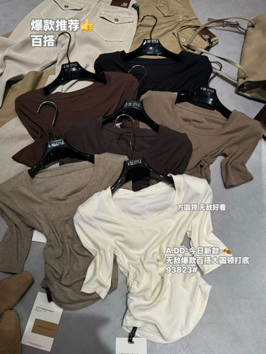 十三行2026秋季新款韩版时尚百搭显瘦气质U领中袖T恤女上衣潮