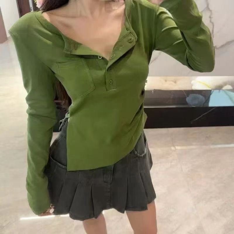 半开领纽扣开衩长袖T恤秋冬韩系辣妹修身显瘦百搭磨毛绒上衣女