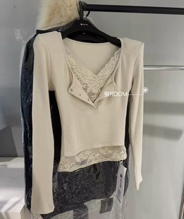 2026春季新款韩版时尚百搭显瘦按扣蕾丝拼接长袖T恤女打底衫上衣