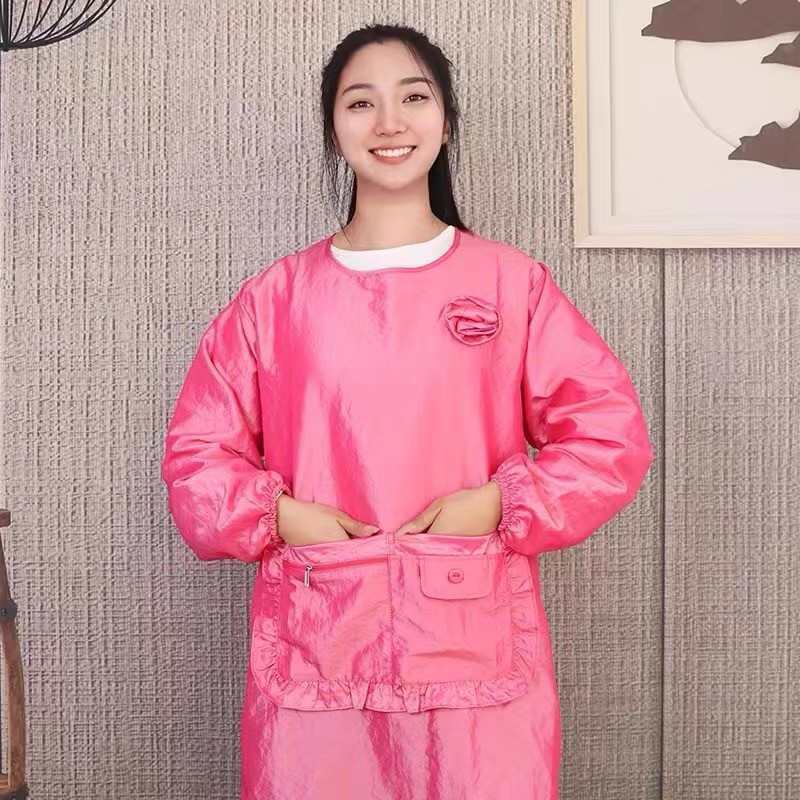 韩版防污纯色长袖围裙女
