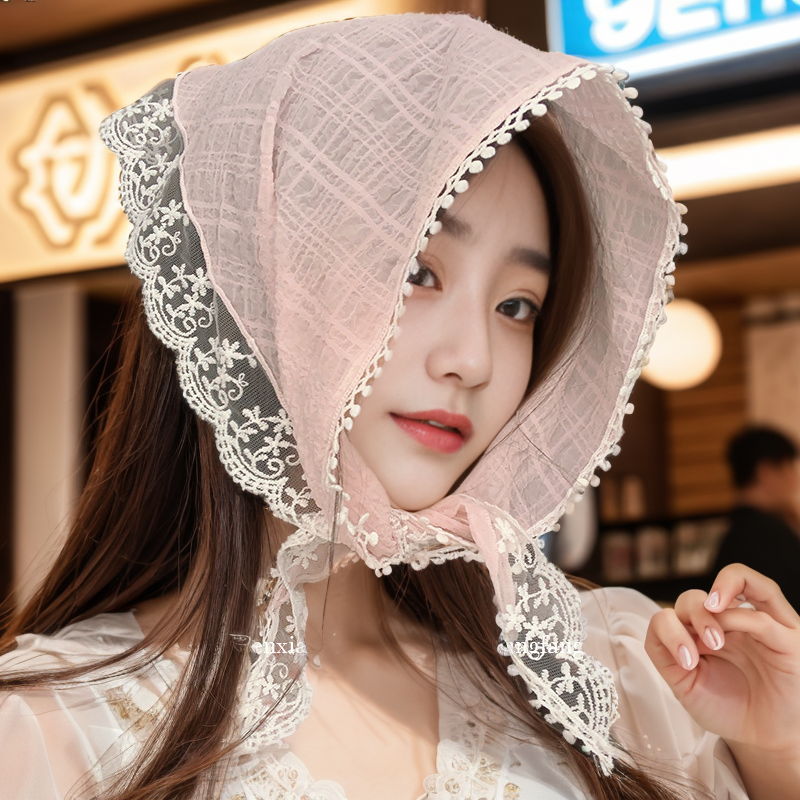 法式田园风头巾白色蕾丝