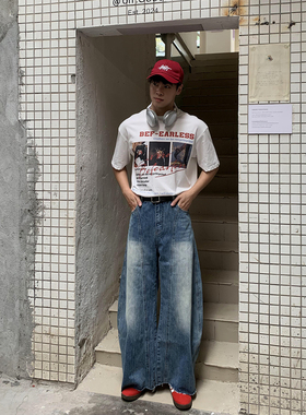 美式复古水洗弯刀牛仔裤男款潮牌宽松直筒阔腿裤子高街vibe风