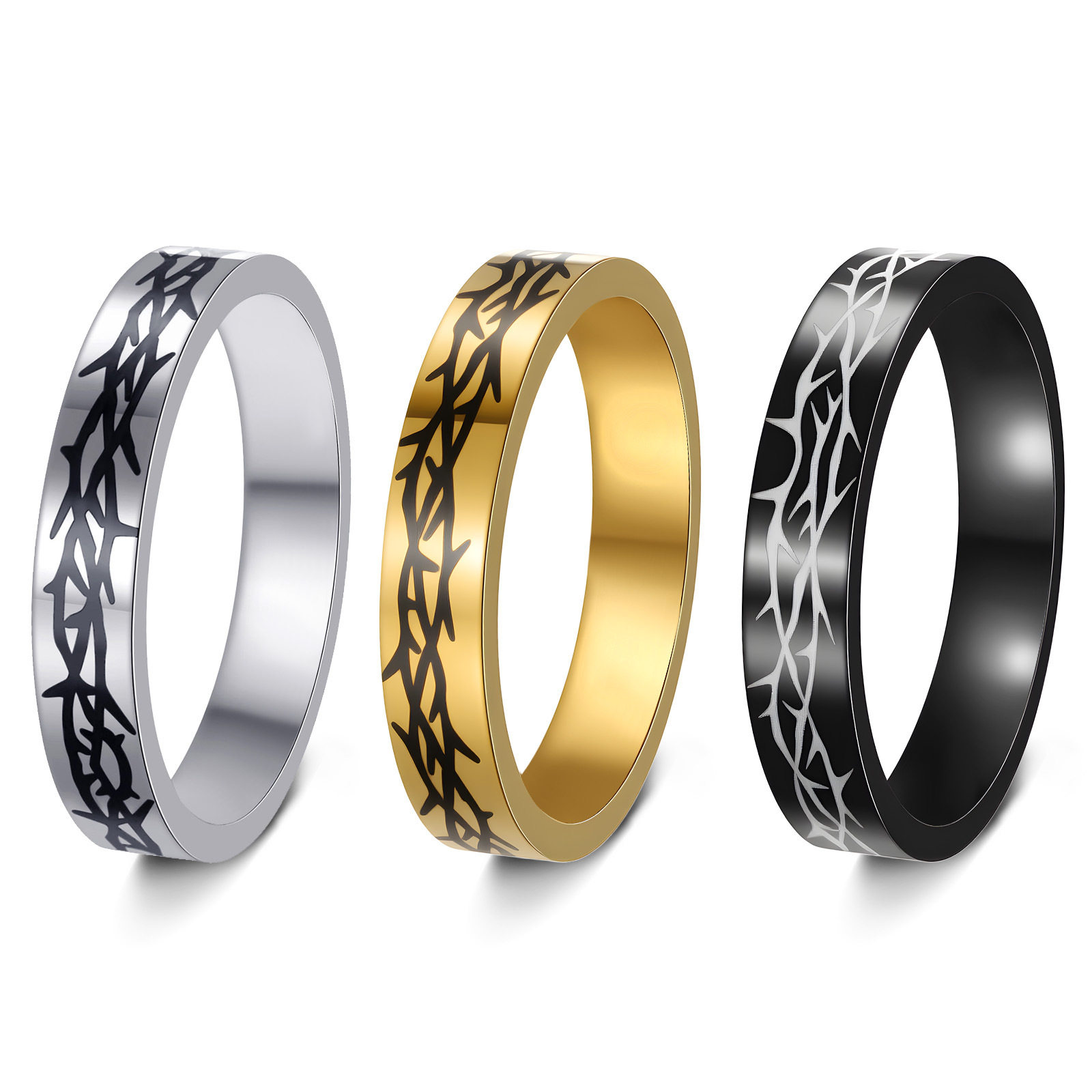 4MM女款ins冷谈风不锈钢戒指激光雕刻荆棘指环欧美跨境新品饰品