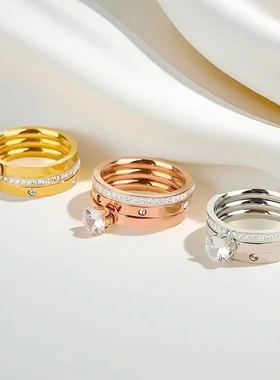 爆款套装镶钻钛钢戒指高级小众百搭情侣指环轻奢钻戒饰品