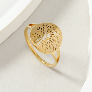 欧美跨境热销不锈钢戒指个性潮流圆牌镂空生命之树戒指指环手饰品
