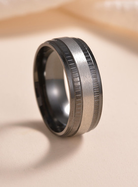 压花台阶沙面双色钛钢戒指