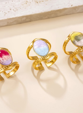 跨境爆款不锈钢戒指油压双线撞色开口戒指轻奢高级感钛钢饰品