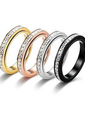 轻奢气质可转动单排满钻钛钢戒指女 18k不掉色锆石满天星情侣指环