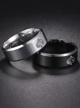 8mm斜边黑桃A男士钛钢戒指