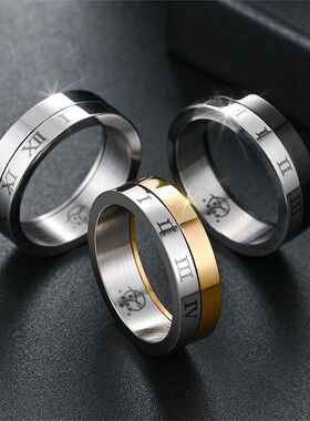 时尚新品 流行设计罗马数字转动钛钢戒指女 欧美复古个性情侣指环