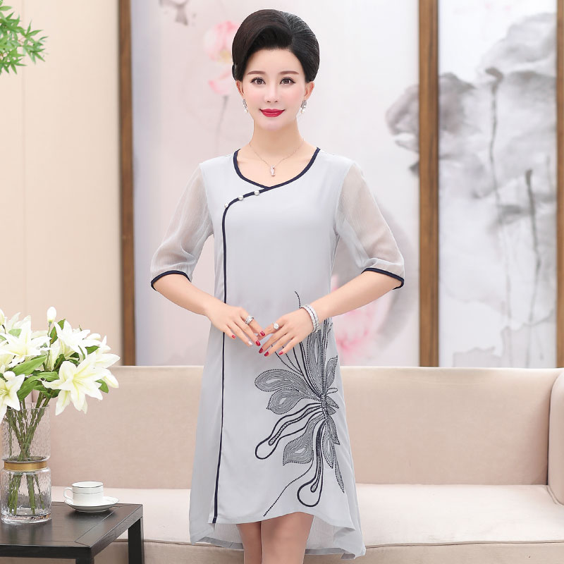 中老年女装妈妈装夏季40-50岁中年妇女夏装短袖印花连衣裙