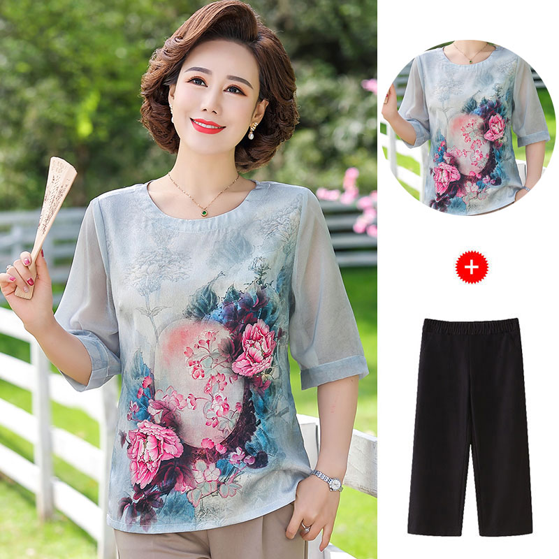 中老年女装夏装新款上衣裤子两件套中年妇女妈妈装夏季时尚套装