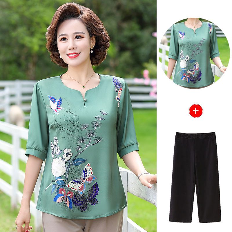 中年女装夏季新款上衣裤子两件套中老年妈妈装夏装中袖透气套装