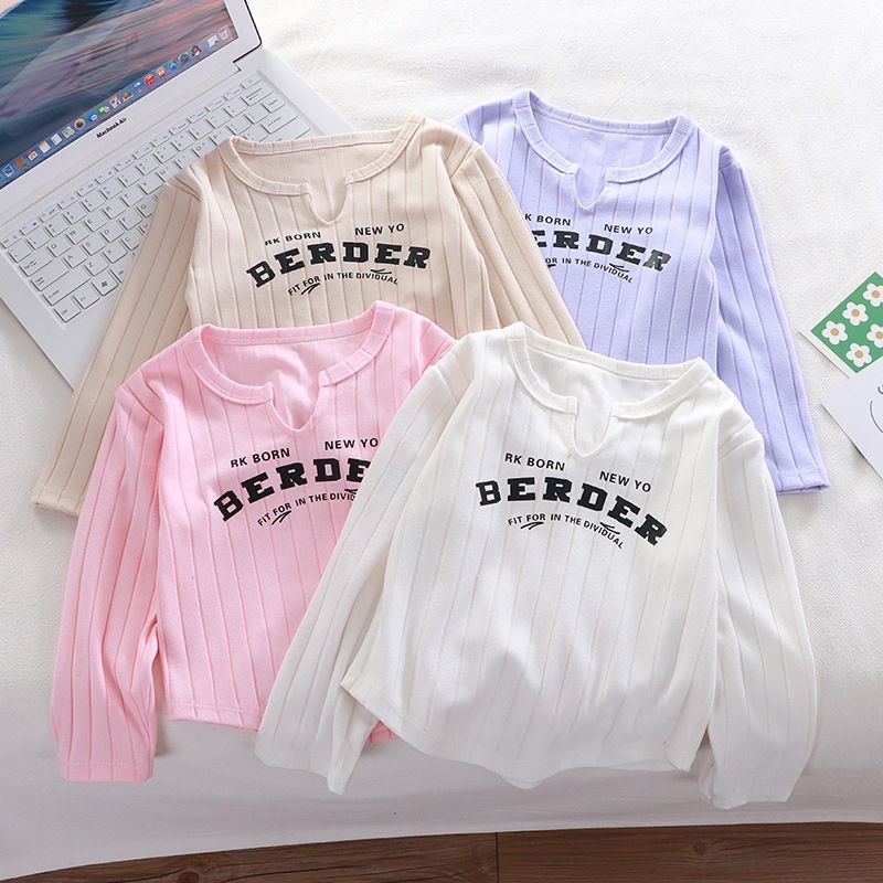 女童春秋T恤上衣亲子洋气儿童个性潮韩版V领子母时髦网红打底衫