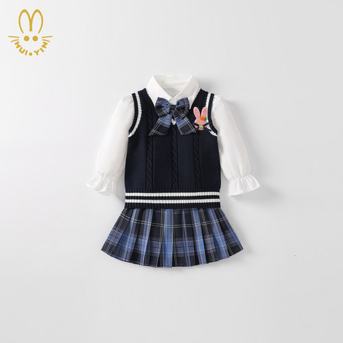 女童秋装2026新款兔子警官毛衣三件套学院风套装儿童衣服jk裙子秋
