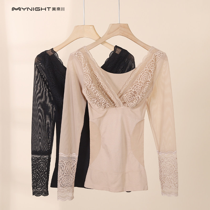 保暖塑身衣女薄款蕾丝美体收腹长袖束身束腰内衣紧身打底上衣