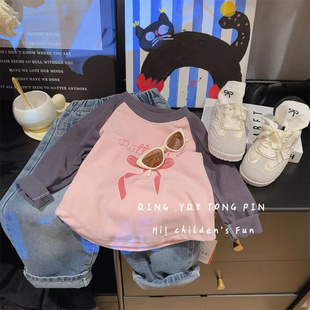 撞色上衣女孩百搭打底衫 女童长袖 洋气儿童插肩袖 2025新款 T恤秋装