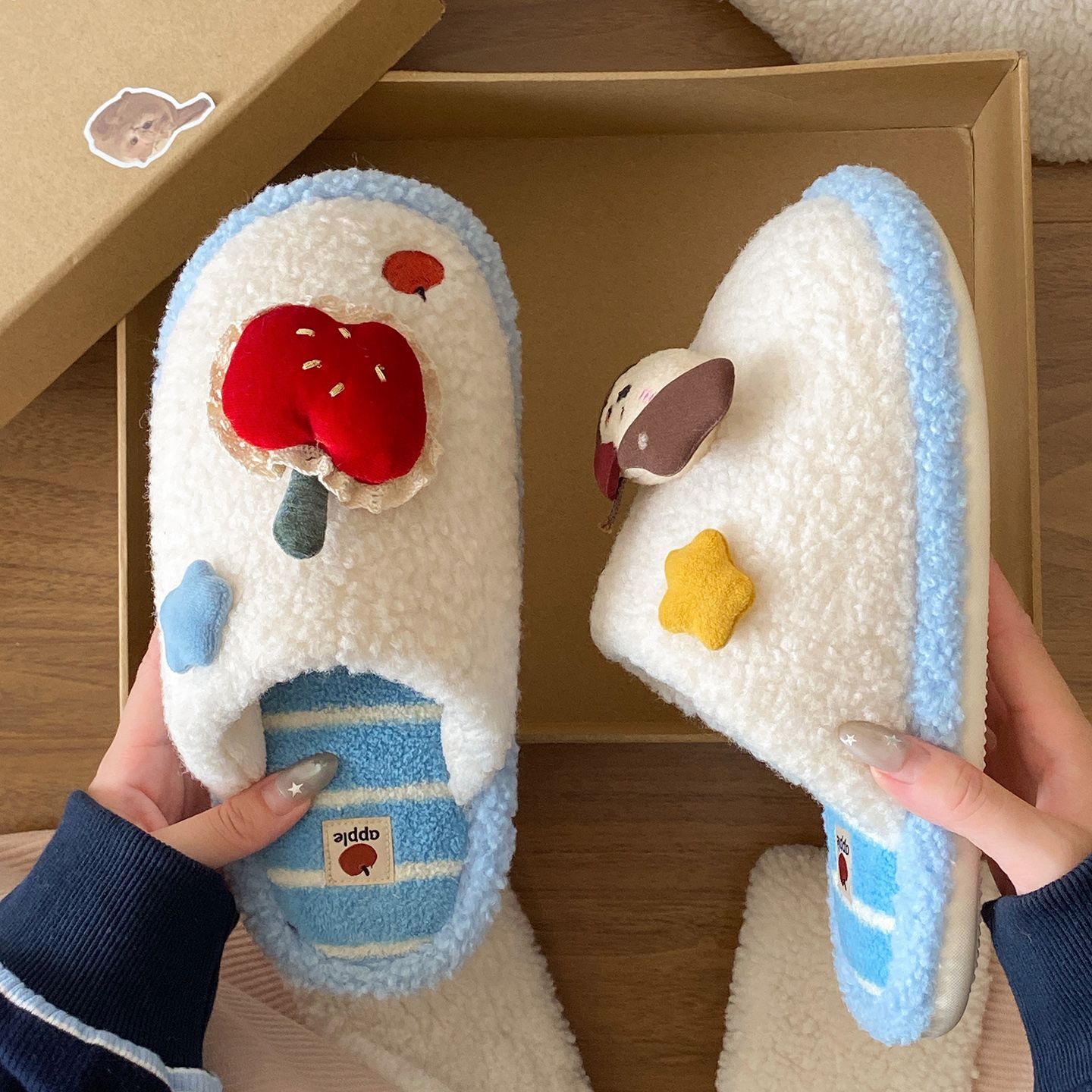 软萌苹果狗室内百搭舒适平底EVA棉鞋女秋冬居家保暖毛绒星星棉拖