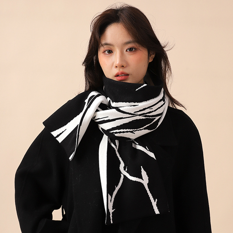 江南风荆棘玫瑰黑白高级氛围感围巾女含羊毛围脖秋冬保暖学生情侣