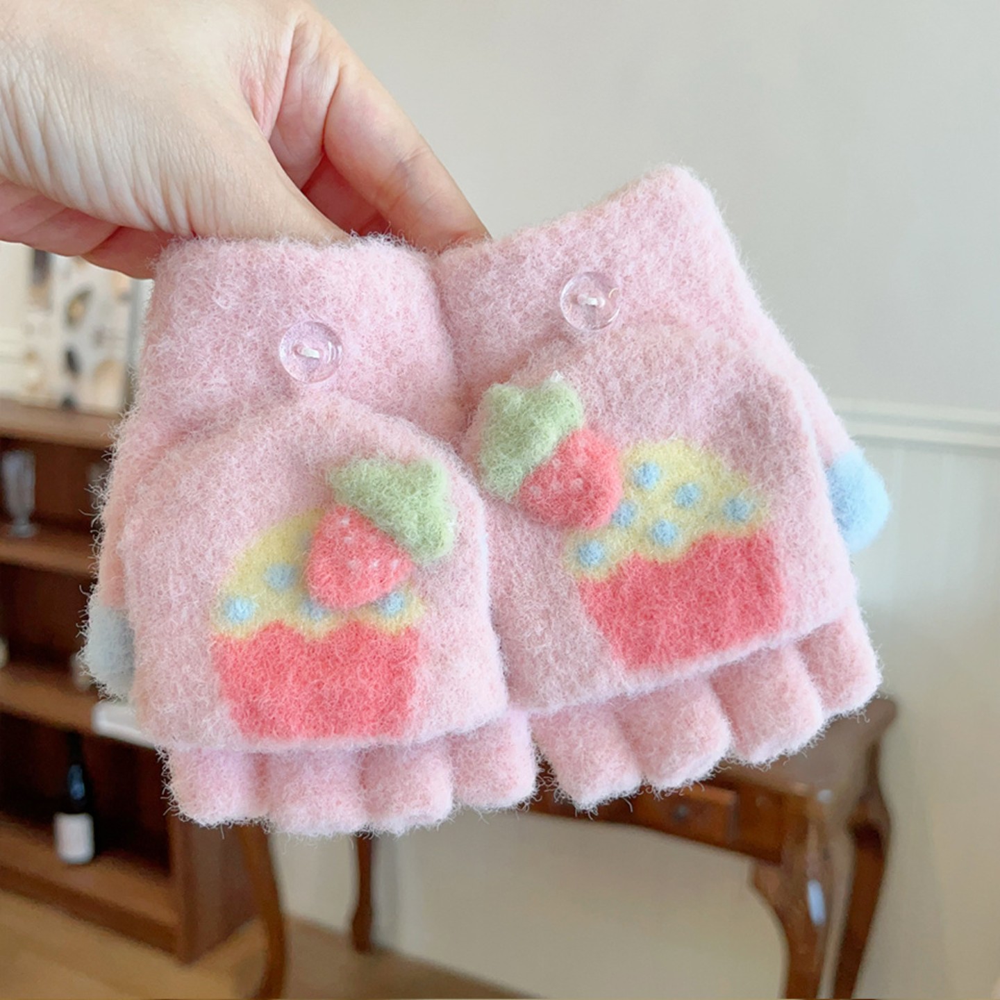 儿童冬季保暖手套男女童加厚翻盖五指可爱女孩半指毛线宝宝手指套