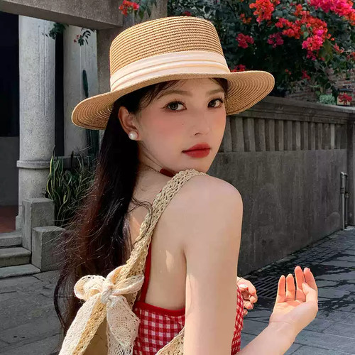 法式平顶遮阳草帽女夏2026新款防晒帽子沙滩帽海边度假拍照太阳帽