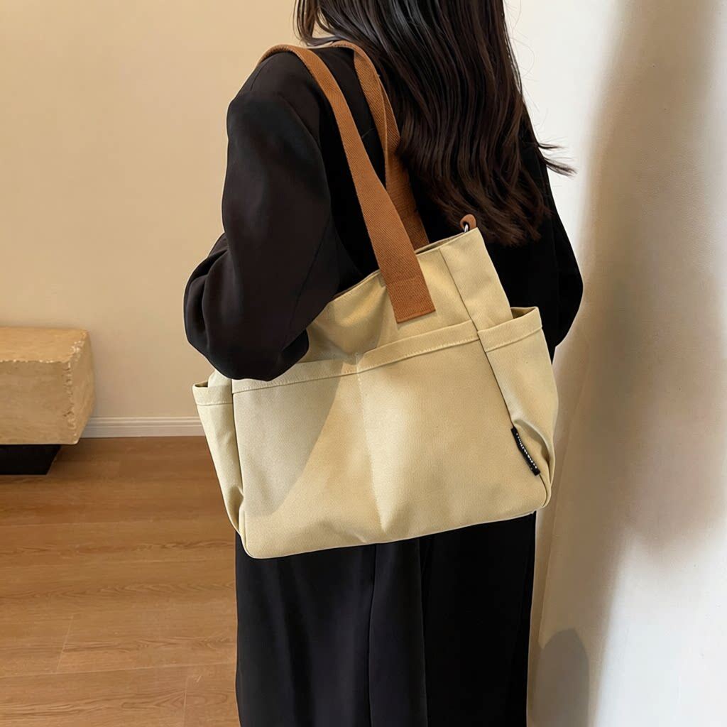 女士休闲百搭单肩托特包时尚简约纯色帆布包新款大学生单肩斜挎包