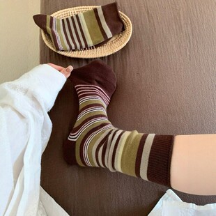 韩版 双针堆堆袜 复古森系美拉德撞色条纹中筒袜子女透气秋冬勃肯鞋
