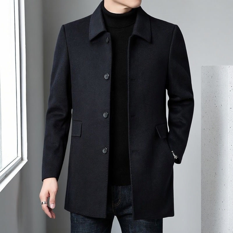韩版大衣男士中长款加厚风衣爸爸装2025冬季保暖新款翻领外套百搭
