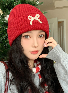 小红帽子女款秋冬针织毛线帽护耳韩版保暖冷帽红色圣诞帽