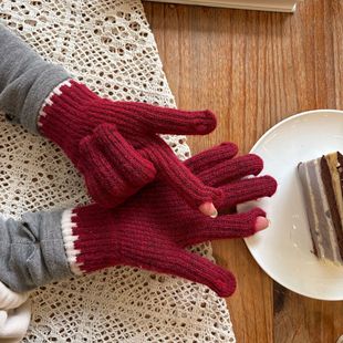 红色可爱防风针织毛线手套女士棉保暖防寒露指触屏御寒骑车女冬天
