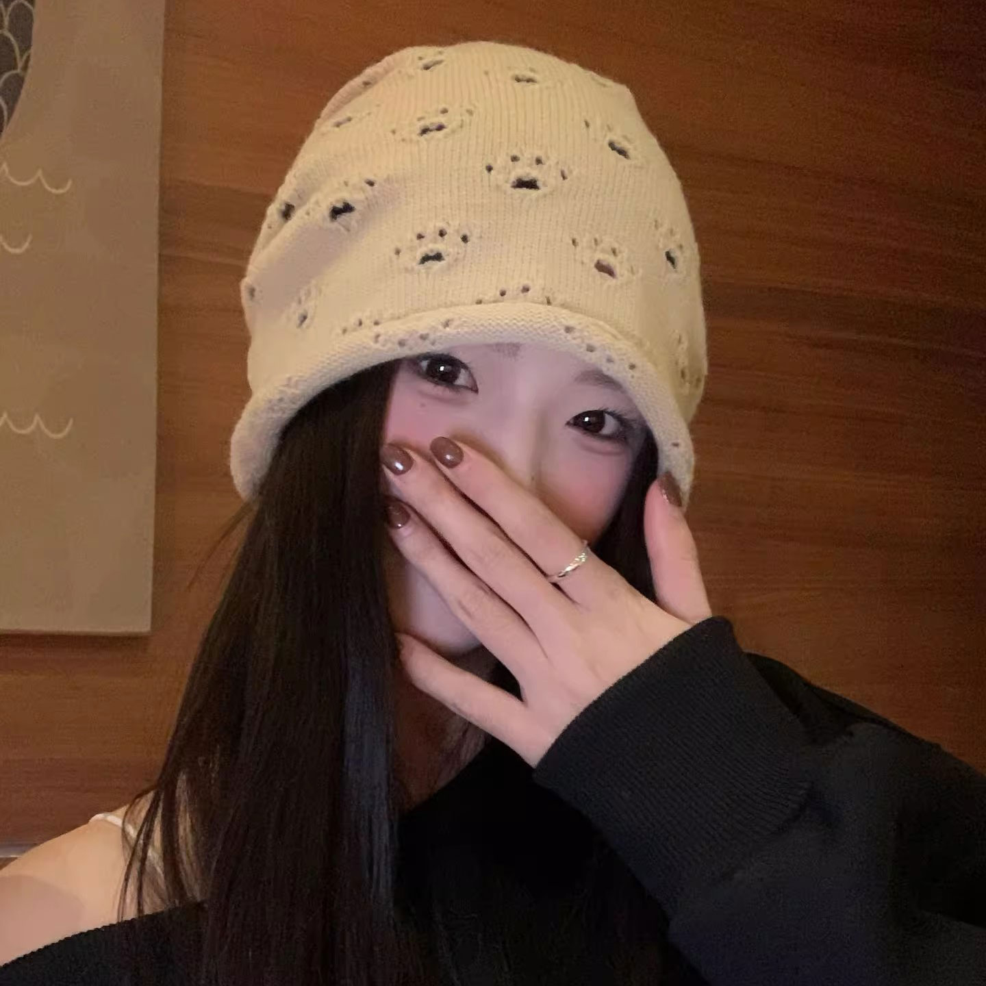 大头围卷边堆堆帽女2025新款宽松显脸小针织包头帽镂空猫爪冷帽