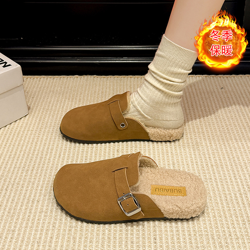 小众厚底勃肯鞋毛毛拖鞋女外穿2025冬新款加绒一脚蹬懒人包头半拖