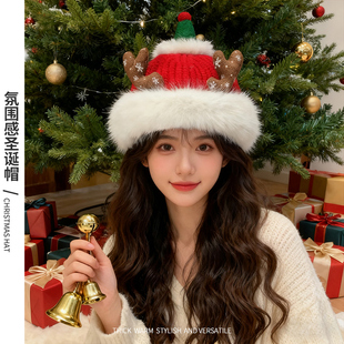 新年圣诞礼物帽子可爱麋鹿圣诞老人小红帽子女秋冬氛围感红色帽子