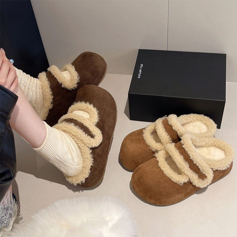 复古加绒保暖防滑勃肯鞋女冬季新款外穿增高耐磨毛毛鞋包头棉拖鞋