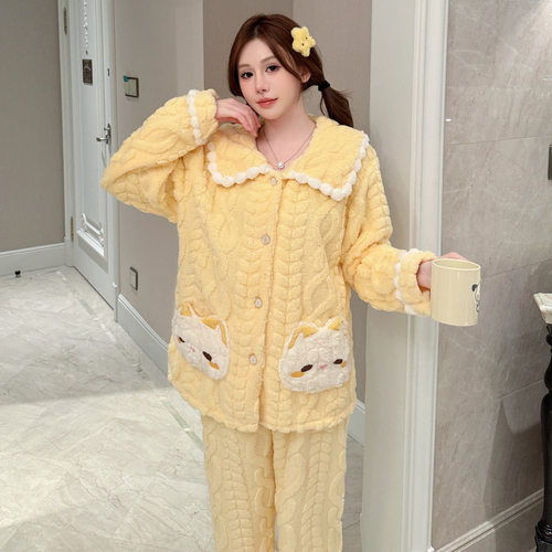 珊瑚绒妈妈睡衣女士秋冬季加厚加绒长袖法兰绒家居服毛绒套装大码