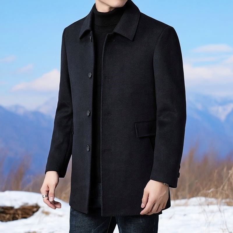 韩版大衣男士中长款加厚风衣爸爸装2025冬季保暖新款翻领外套百搭