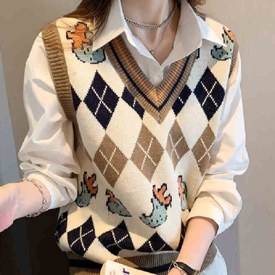 东莞大朗叠穿V领马甲针织衫女装广州十三行坎肩菱格背心无袖毛衣