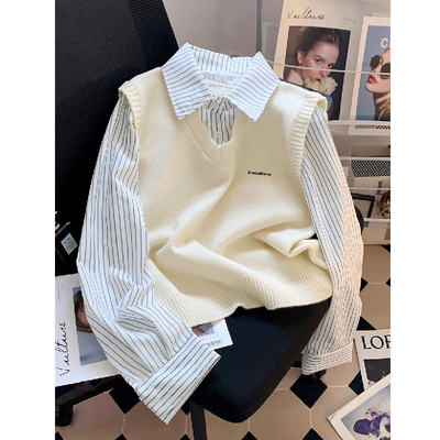 东莞大朗不起球假两件衬衫领毛衣女装秋冬针织衫短款翻领条纹上衣