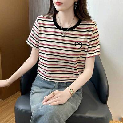 广州白马沙河十三行虎门纯棉体恤上衣服2026夏季条纹短袖t恤女装