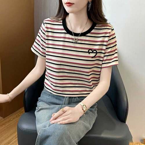 广州白马沙河十三行虎门纯棉体恤上衣服2026夏季条纹短袖t恤女装